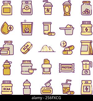 Sport nutrition icons set. Outline set of sport nutrition vector icons for web design isolated on white background. Sport nutrition icons set, outline style Stock Vector