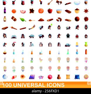 100 universal icons set. Cartoon illustration of 100 universal icons vector set isolated on white background. 100 universal icons set, cartoon style Stock Vector