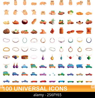 100 universal icons set. Cartoon illustration of 100 universal icons vector set isolated on white background. 100 universal icons set, cartoon style Stock Vector
