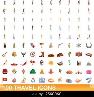 100 travel icons set. Cartoon illustration of 100 travel icons vector set isolated on white background. 100 travel icons set, cartoon style Stock Vector