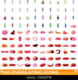 100 overeating icons set. Cartoon illustration of 100 overeating icons vector set isolated on white background. 100 overeating icons set, cartoon style Stock Vector
