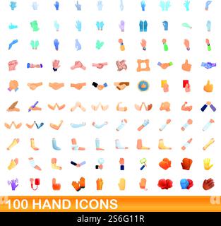 100 hand icons set. Cartoon illustration of 100 hand icons vector set isolated on white background. 100 hand icons set, cartoon style Stock Vector