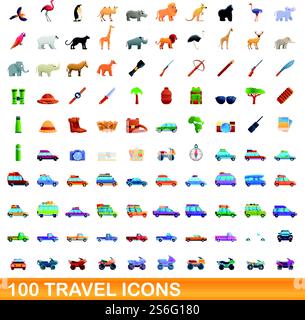 100 travel icons set. Cartoon illustration of 100 travel icons vector set isolated on white background. 100 travel icons set, cartoon style Stock Vector