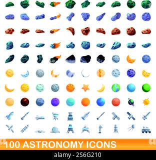100 astronomy icons set. Cartoon illustration of 100 astronomy icons vector set isolated on white background. 100 astronomy icons set, cartoon style Stock Vector