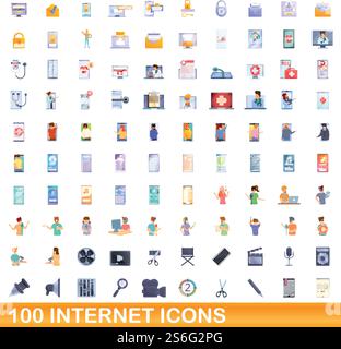 100 internet icons set. Cartoon illustration of 100 internet icons vector set isolated on white background. 100 internet icons set, cartoon style Stock Vector