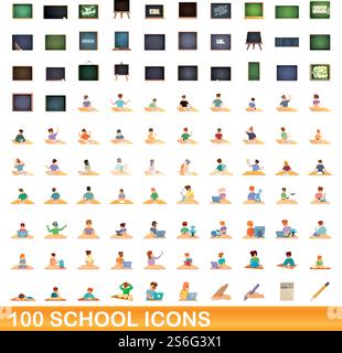 100 school icons set. Cartoon illustration of 100 school icons vector set isolated on white background. 100 school icons set, cartoon style Stock Vector