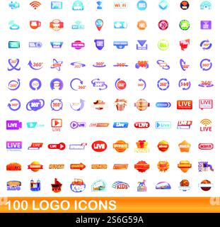 100 logo icons set. Cartoon illustration of 100 logo icons vector set isolated on white background. 100 logo icons set, cartoon style Stock Vector
