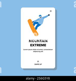 Mountain Extreme Sport Activity Sportsman Vector. Young Man Snowboarder Snowboarding And Jumping On Snow Hill, Mountain Extreme Active Sportlife. Character Web Flat Cartoon Illustration. Mountain Extreme Sport Activity Sportsman Vector Stock Vector