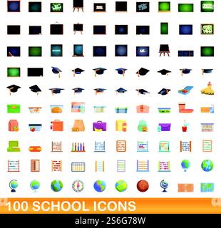 100 school icons set. Cartoon illustration of 100 school icons vector set isolated on white background. 100 school icons set, cartoon style Stock Vector