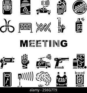 Protests Meeting Event Collection Icons Set Vector. Microwave Gun And Traumatic Gun, Water Jet And Body Armor Protests Equipment Glyph Pictograms Black Illustrations. Protests Meeting Event Collection Icons Set Vector Stock Vector
