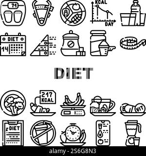 Diet Products And Tool Collection Icons Set Vector. Vegetarian Diet And Description, Fat Burning Tea And Smoothie Drink, Flexible Meter And Caliper Black Contour Illustrations. Diet Products And Tool Collection Icons Set Vector Stock Vector