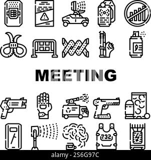 Protests Meeting Event Collection Icons Set Vector. Microwave Gun And Traumatic Gun, Water Jet And Body Armor Protests Equipment Black Contour Illustrations. Protests Meeting Event Collection Icons Set Vector Stock Vector