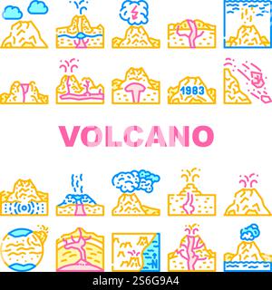 Volcano Lava Eruption Collection Icons Set Vector. Volcano Under Water And Stratovolcano Mountain, Volcanic Bomb, Magma, Dirty Thunderstorm And Mud Concept Linear Pictograms. Contour Illustrations. Volcano Lava Eruption Collection Icons Set Vector Stock Vector