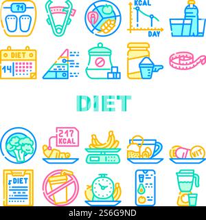 Diet Products And Tool Collection Icons Set Vector. Vegetarian Diet And Description, Fat Burning Tea And Smoothie Drink, Flexible Meter And Caliper Concept Linear Pictograms. Contour Illustrations. Diet Products And Tool Collection Icons Set Vector Stock Vector