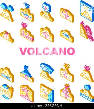 Volcano Lava Eruption Collection Icons Set Vector. Volcano Under Water And Stratovolcano Mountain, Volcanic Bomb, Magma, Dirty Thunderstorm And Mud Isometric Sign Color Illustrations. Volcano Lava Eruption Collection Icons Set Vector Stock Vector