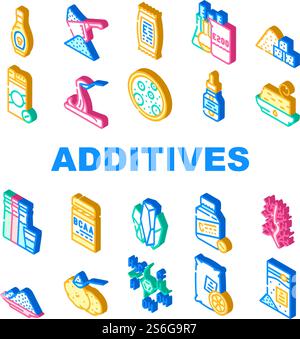 Food Additives Formula Collection Icons Set Vector. Corn Syrup And Sugar Substitute, Chemical Inventory And Amino Acids Food Additives Isometric Sign Color Illustrations. Food Additives Formula Collection Icons Set Vector Stock Vector
