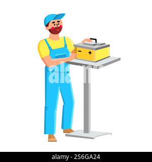 Car Battery Examining Car Service Worker Vector. Repairman Wearing Professional Uniform And Researching Car Battery, Vehicle Electronic Detail. Character Man Repair Auto Part Flat Cartoon Illustration. Car Battery Examining Car Service Worker Vector Stock Vector