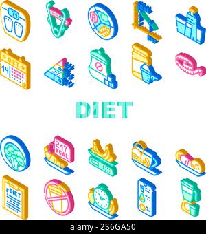 Diet Products And Tool Collection Icons Set Vector. Vegetarian Diet And Description, Fat Burning Tea And Smoothie Drink, Flexible Meter And Caliper Isometric Sign Color Illustrations. Diet Products And Tool Collection Icons Set Vector Stock Vector