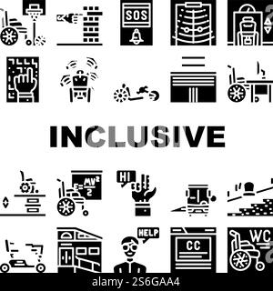 Inclusive Life Tool Collection Icons Set Vector. Graduation And Working Place, SportLife And Communication, Bus And Velomobile Inclusive Life Glyph Pictograms Black Illustrations. Inclusive Life Tool Collection Icons Set Vector Stock Vector