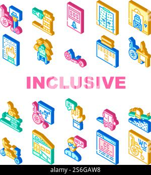Inclusive Life Tool Collection Icons Set Vector. Graduation And Working Place, SportLife And Communication, Bus And Velomobile Inclusive Life Isometric Sign Color Illustrations. Inclusive Life Tool Collection Icons Set Vector Stock Vector