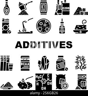 Food Additives Formula Collection Icons Set Vector. Corn Syrup And Sugar Substitute, Chemical Inventory And Amino Acids Food Additives Glyph Pictograms Black Illustrations. Food Additives Formula Collection Icons Set Vector Stock Vector