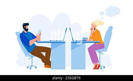 Procrastinating Office Workers Colleagues Vector. Man Play On Phone And Woman Sitting At Table, Watching Computer Screen And Drinking Coffee, Procrastinating Work. Characters Flat Cartoon Illustration. Procrastinating Office Workers Colleagues Vector Stock Vector