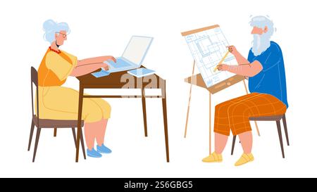 Man And Woman Senior Working Togetherness Vector. Grandmother Working At Laptop And Grandfather Engineer Work With Blueprint Plan. Elderly Characters Occupation Flat Cartoon Illustration. Man And Woman Senior Working Togetherness Vector Stock Vector