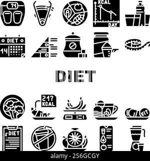 Diet Products And Tool Collection Icons Set Vector. Vegetarian Diet And Description, Fat Burning Tea And Smoothie Drink, Flexible Meter And Caliper Glyph Pictograms Black Illustrations. Diet Products And Tool Collection Icons Set Vector Stock Vector