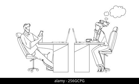 Procrastinating Office Workers Colleagues Black Line Pencil Drawing Vector. Man Play On Phone And Woman Sitting At Table, Watching Computer Screen And Drinking Coffee, Procrastinating Work. Characters Illustration. Procrastinating Office Workers Colleagues Vector Stock Vector