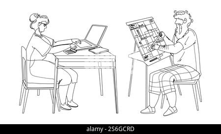Man And Woman Senior Working Togetherness Black Line Pencil Drawing Vector. Grandmother Working At Laptop And Grandfather Engineer Work With Blueprint Plan. Elderly Characters Occupation Illustration. Man And Woman Senior Working Togetherness Vector Stock Vector
