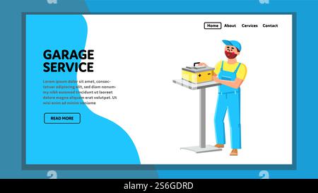 Garage Service Examination Car Battery Vector. Garage Service Worker Man Checking And Repair Car Electronic Detail. Character Repairman Vehicle Station Maintenance Web Flat Cartoon Illustration. Garage Service Examination Car Battery Vector Stock Vector