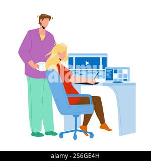 Video Editor Working On Laptop At Workplace Vector. Young Man And Woman Couple Video Editor Work Together And Editing Film Or Clip. Characters Movie Production Flat Cartoon Illustration. Video Editor Working On Laptop At Workplace Vector Stock Vector