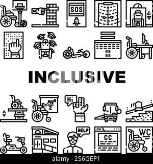 Inclusive Life Tool Collection Icons Set Vector. Graduation And Working Place, SportLife And Communication, Bus And Velomobile Inclusive Life Black Contour Illustrations. Inclusive Life Tool Collection Icons Set Vector Stock Vector