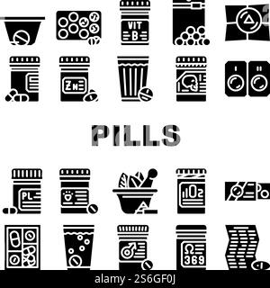 Pills Medicaments Collection Icons Set Vector. Pills Package And Glass With Water, Instruction And Pillbox Container, Medical Treatment Glyph Pictograms Black Illustrations. Pills Medicaments Collection Icons Set Vector Illustration Stock Vector