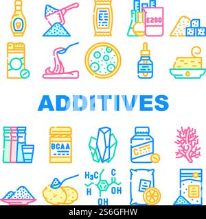 Food Additives Formula Collection Icons Set Vector. Corn Syrup And Sugar Substitute, Chemical Inventory And Amino Acids Food Additives Concept Linear Pictograms. Contour Color Illustrations. Food Additives Formula Collection Icons Set Vector Stock Vector