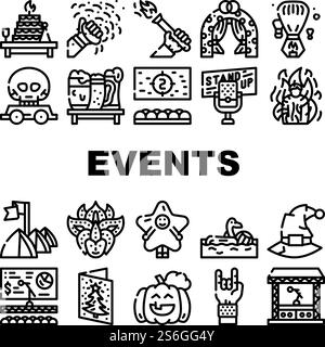 Events And Festival Collection Icons Set Vector. Rock And Oktober Fest, Standup And Pool Party, Fantasy Costume And Facial Mask Events Black Contour Illustrations. Events And Festival Collection Icons Set Vector Stock Vector