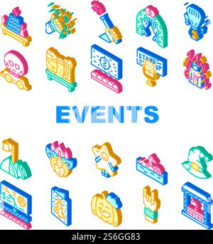 Events And Festival Collection Icons Set Vector. Rock And Oktober Fest, Standup And Pool Party, Fantasy Costume And Facial Mask Events Isometric Sign Color Illustrations. Events And Festival Collection Icons Set Vector Stock Vector