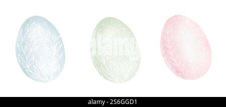 Delicate Easter eggs in pastel colors. Watercolor digital illustration. Pink, green and blue eggs with white pattern, isolated on white background. Sp Stock Photo
