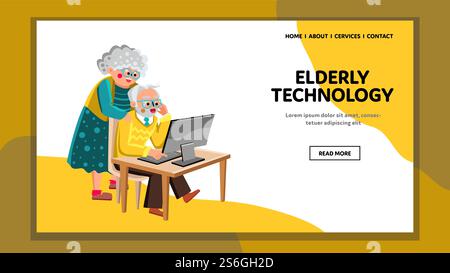 Elderly Technology Gadget Using Together Vector. Old Man And Woman Sitting And Standing At Table Looking In Computer Monitor Digital Technology. Characters Web Flat Cartoon Illustration. Elderly Technology Gadget Using Together Vector Stock Vector