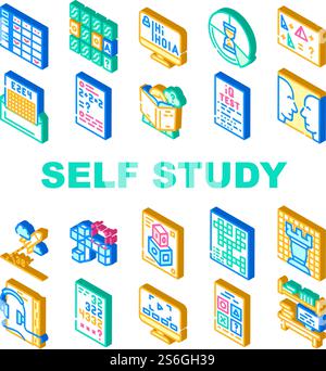 Self Study Lessons Collection Icons Set Vector. Self Study Audiobook And Video Lessons, Chess And Crossword Game, Modeling And Iq Test Isometric Sign Color Illustrations. Self Study Lessons Collection Icons Set Vector Stock Vector