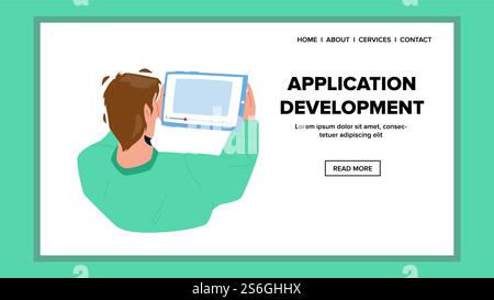 Application Development Programmer Work Vector. Coder Application Development For Digital Device Tablet. Character Developing And Testing App For Electronic Gadget Web Flat Cartoon Illustration. Application Development Programmer Work Vector Stock Vector