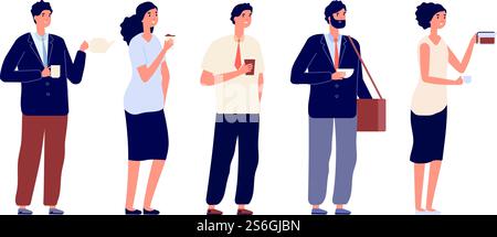 Office coffee break. Business persons, meeting with drinks. Businessman, team having lunch. Isolated people with hot beverages vector set. Lunch office meeting, break drink woman and man illuistration. Office coffee break. Business persons, meeting with drinks. Businessman, team having lunch. Isolated people with hot beverages vector set Stock Vector