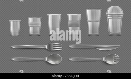 Realistic disposable tableware. Plastic take away glasses and cutleries. Isolated mugs for juices and freshes, spoon, fork and knife vector elements. Plastic cutlery, utensil dishware illustration. Realistic disposable tableware. Plastic take away glasses and cutleries. Isolated mugs for juices and freshes, spoon, fork and knife vector elements Stock Vector