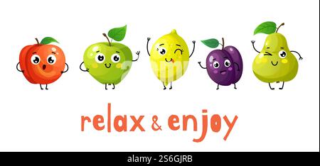 Funny fruits. Cartoon baby fruit, summer sweets. Isolated apple, peach and plump. Healthy food vector banner. Apple and peach healthy, pear and plump nutrition illustration. Funny fruits. Cartoon baby fruit, summer sweets. Isolated apple, peach and plump. Healthy food vector banner Stock Vector