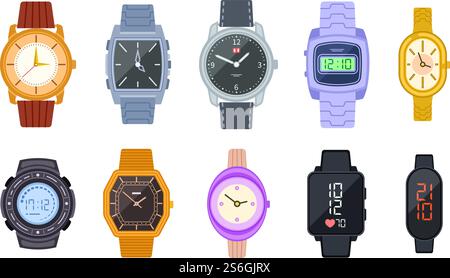 Wristwatch. Female digital smart clock. Isolated woman man elegant watches with fashion bracelets. Flat wrist watch vector illustration. Smart wristwatch and timer, accessory expensive collection. Wristwatch. Female digital smart clock. Isolated woman man elegant watches with fashion bracelets. Flat wrist watch vector illustration Stock Vector