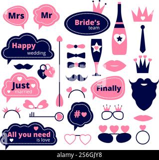 Wedding photo booth. Love party props. Fashion selfie decoration, happy marriage. Groom bride speech bubble stickers, mustache vector set. Wedding photo booth, speech and mask illustration. Wedding photo booth. Love party props. Fashion selfie decoration, happy marriage. Groom bride speech bubble stickers, mustache vector set Stock Vector