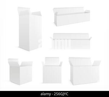 Open realistic box. White carton opening boxes. Blank cosmetic pack and container mockup. Isolated blank medicine or gift package vector set. Illustration open box, package realistic. Open realistic box. White carton opening boxes. Blank cosmetic pack and container mockup. Isolated blank medicine or gift package vector set Stock Vector