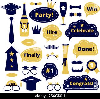 Graduation photo booth. School party props. Graduate funny sticker, speech bubbles. Isolated selfie decoration, congrats students vector set. Student graduate photo elements, education illustration. Graduation photo booth. School party props. Graduate funny sticker, speech bubbles. Isolated selfie decoration, congrats students vector set Stock Vector