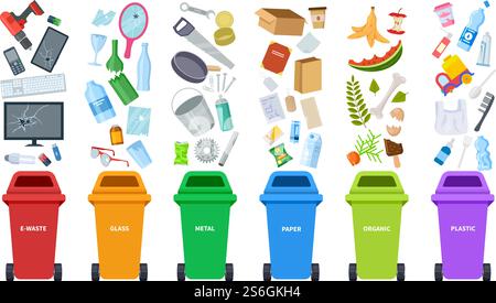 Waste bins. Flat recycling containers, bin sorting trashes. Recyclable glass paper plastic. Types baskets and garbage vector illustration. Container basket, waste garbage, trash plastic and organic. Waste bins. Flat recycling containers, bin sorting trashes. Recyclable glass paper plastic. Types baskets and garbage vector illustration Stock Vector