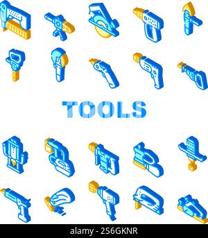 Tools For Building Collection Icons Set Vector. Jigsaw And Jackhammer, Neiler And Electric Planer, Spray Gun And Wrench, Flazer And Mixer Tools Isometric Sign Color Illustrations. Tools For Building Collection Icons Set Vector Stock Vector